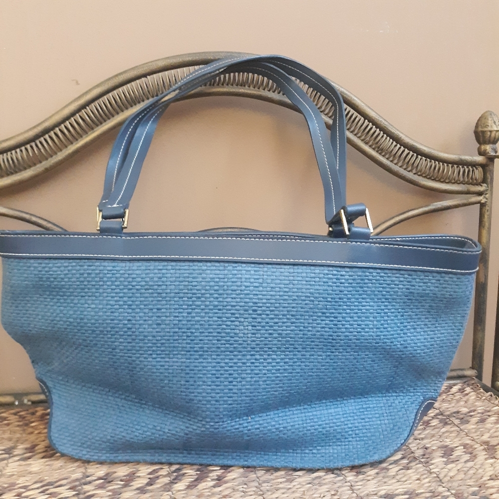 Etienne Aigner Blue Woven Tote Satchel Embroidered - Picture 4 of 7